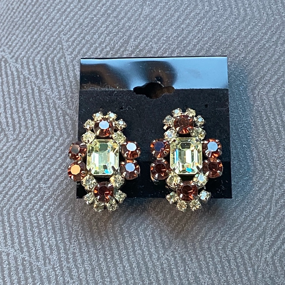 Vintage brown topaz yellow rhinestone clip statement earrings